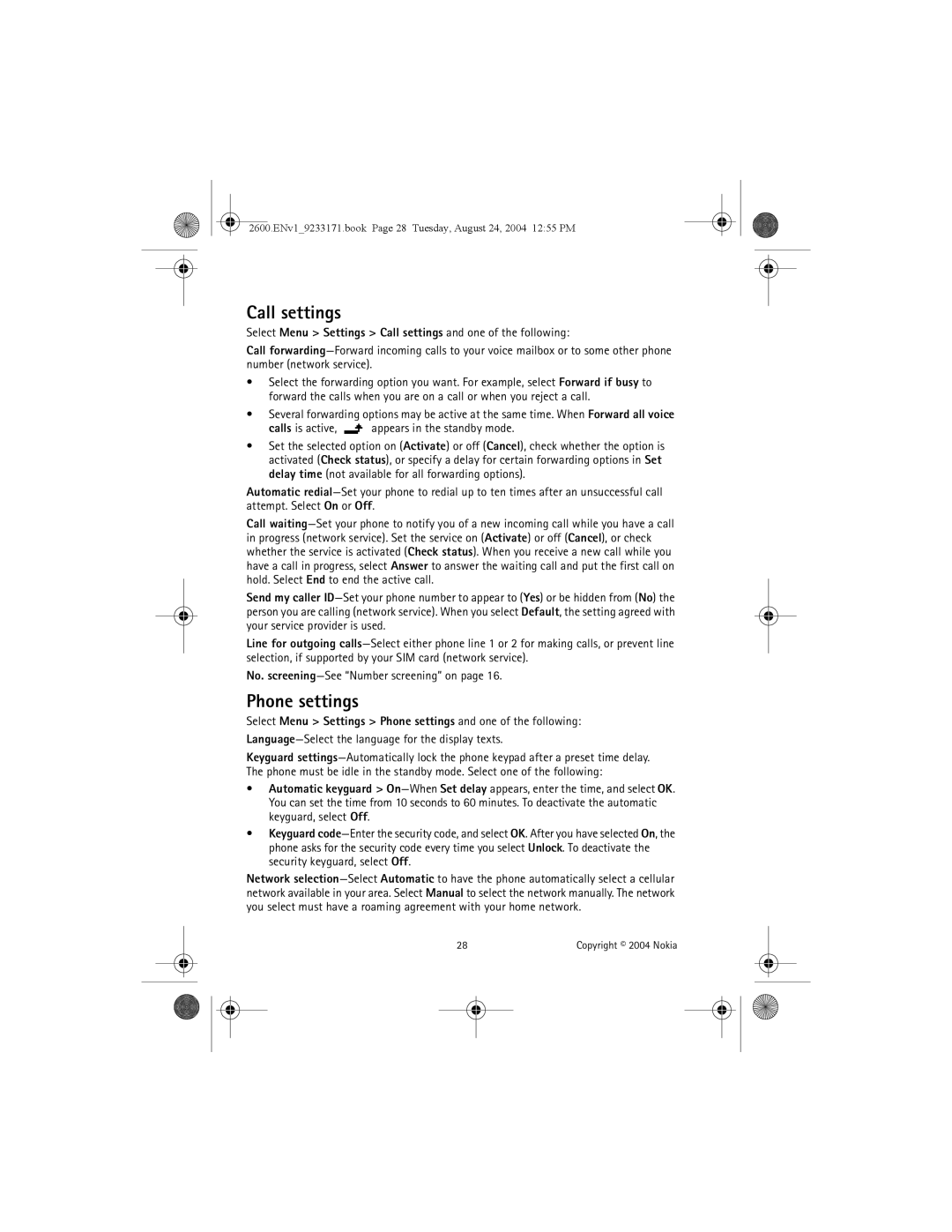 Nokia 2600 manual Call settings, Phone settings, Language-Select the language for the display texts 