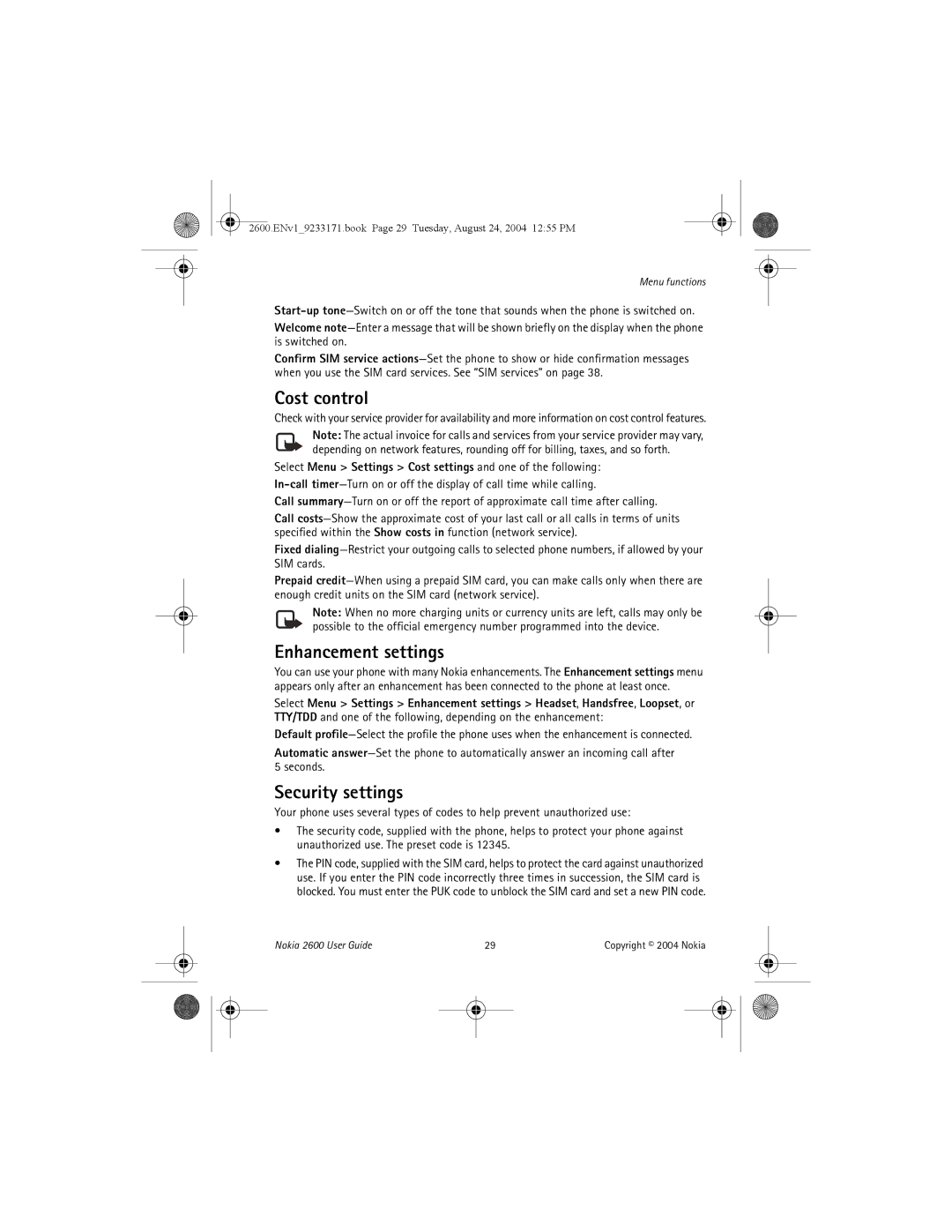 Nokia 2600 manual Cost control, Enhancement settings, Security settings 