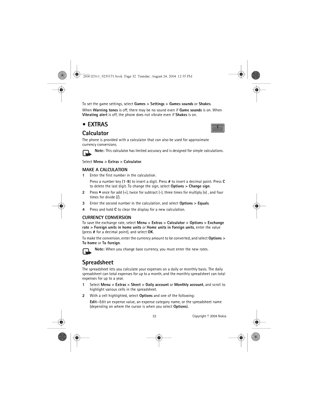 Nokia 2600 manual Extras, Calculator, Spreadsheet, Make a Calculation, Currency Conversion 