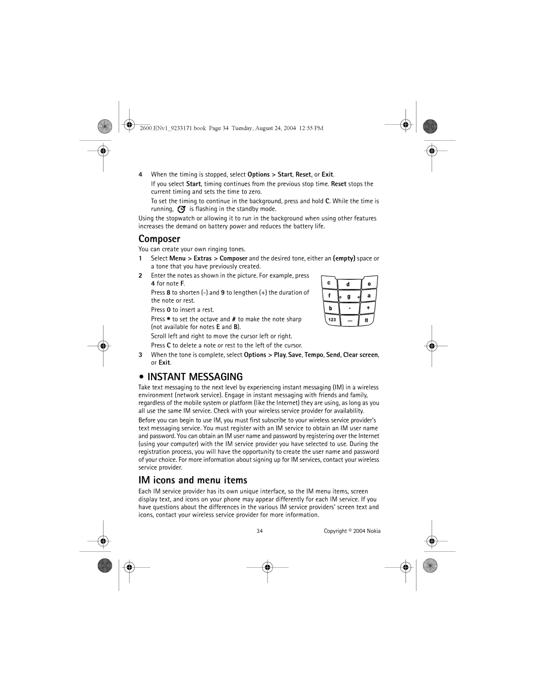 Nokia 2600 manual Composer, Instant Messaging, IM icons and menu items 