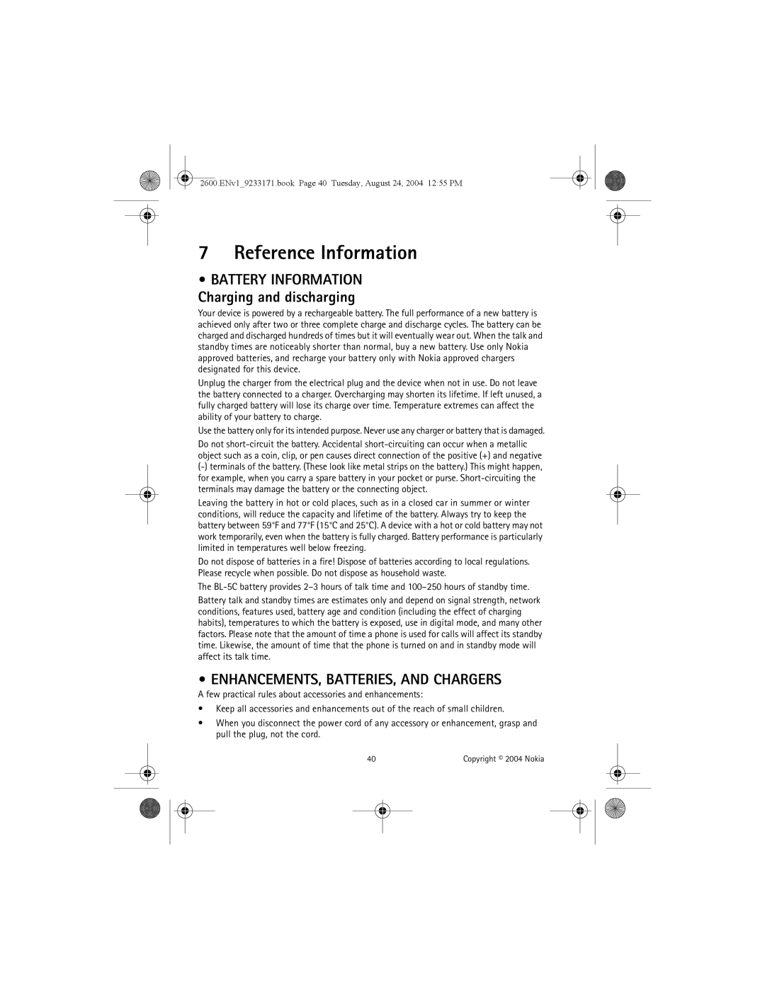 Nokia 2600 manual Reference Information, ENHANCEMENTS, BATTERIES, and Chargers 