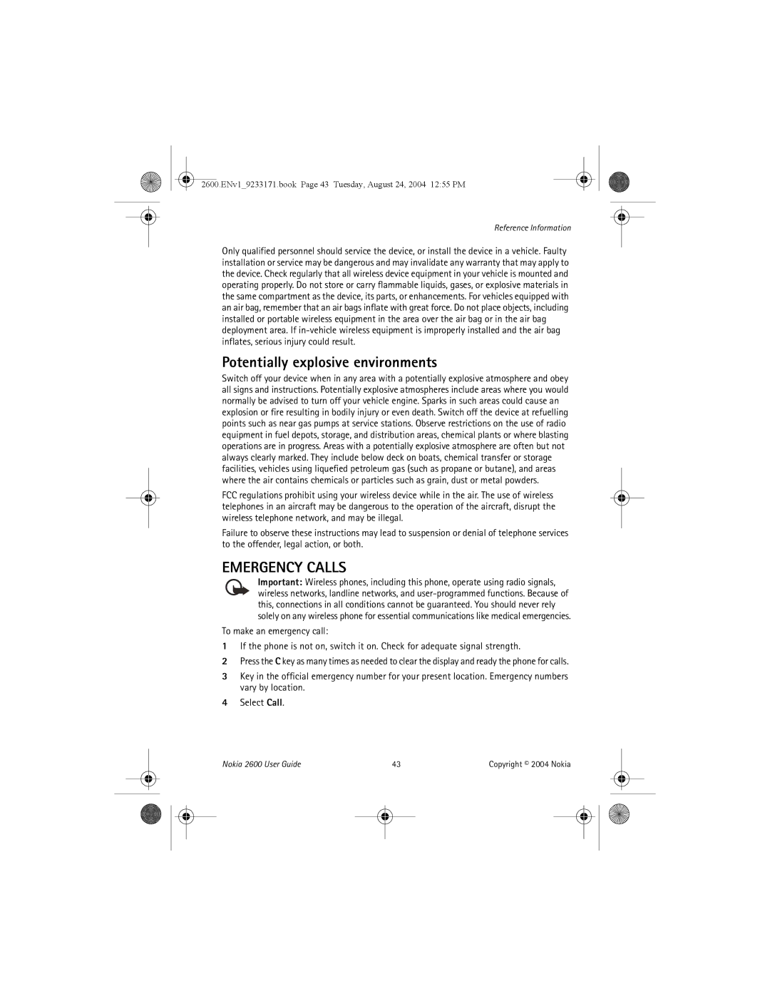 Nokia 2600 manual Potentially explosive environments, Emergency Calls 