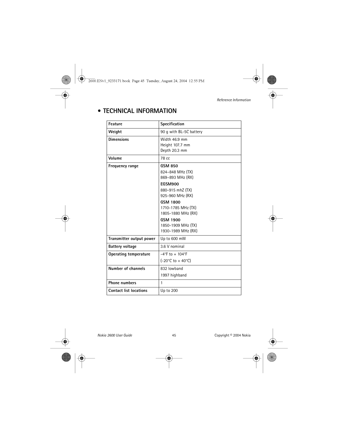 Nokia 2600 manual Technical Information 