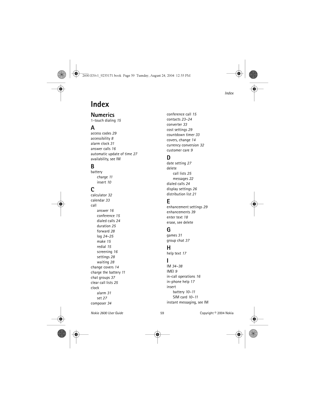 Nokia 2600 manual Index, Numerics 