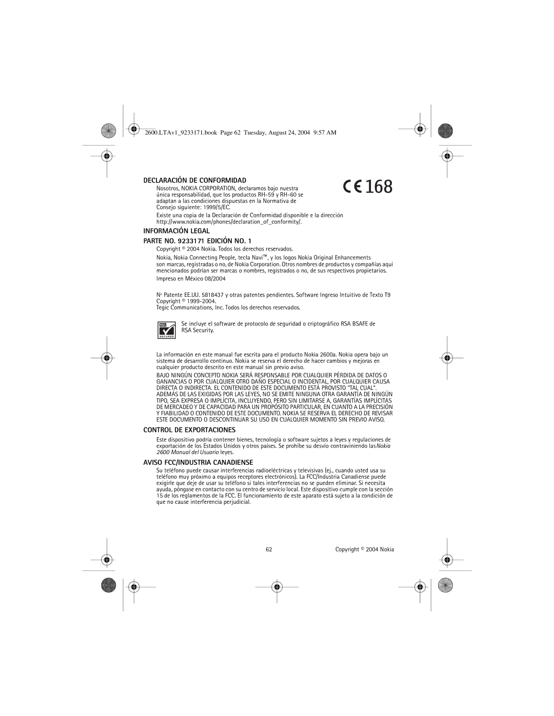 Nokia 2600 manual Declaración DE Conformidad 