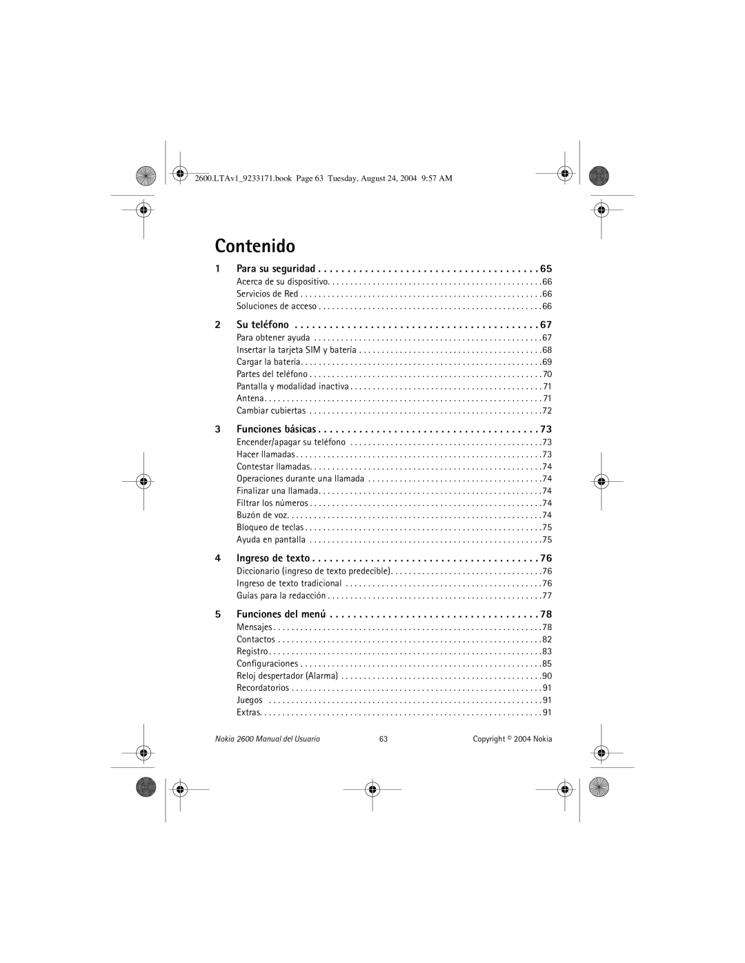 Nokia 2600 manual Contenido, Su teléfono 