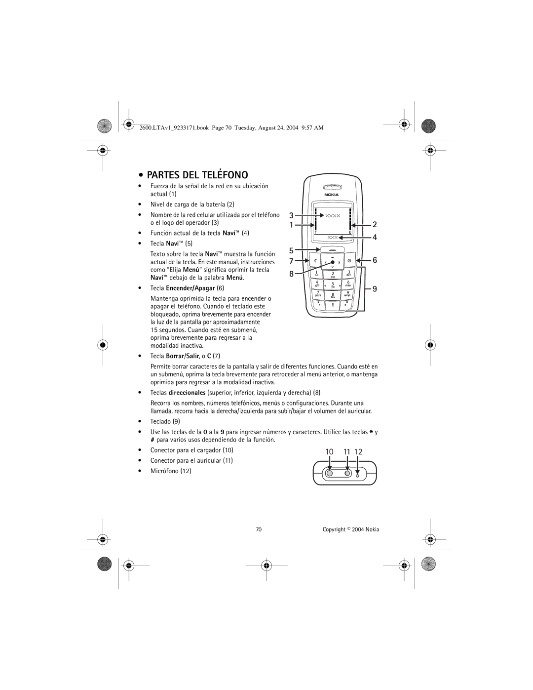 Nokia 2600 manual Partes DEL Teléfono, Tecla Encender/Apagar, Tecla Borrar/Salir, o C 