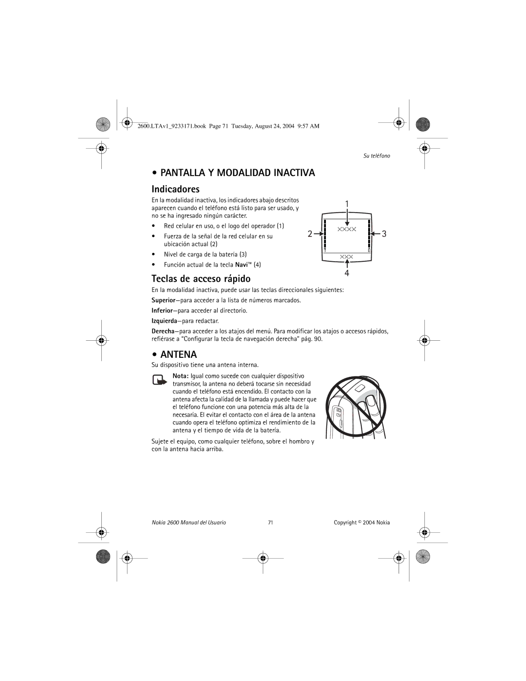 Nokia 2600 manual Pantalla Y Modalidad Inactiva, Indicadores, Teclas de acceso rápido, Antena 