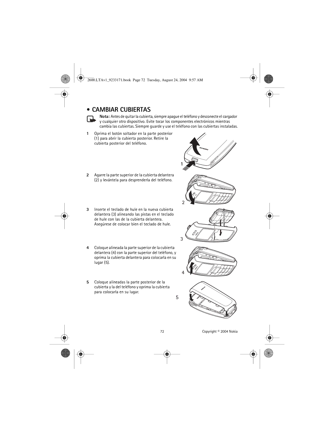 Nokia 2600 manual Cambiar Cubiertas, Oprima el botón soltador en la parte posterior 