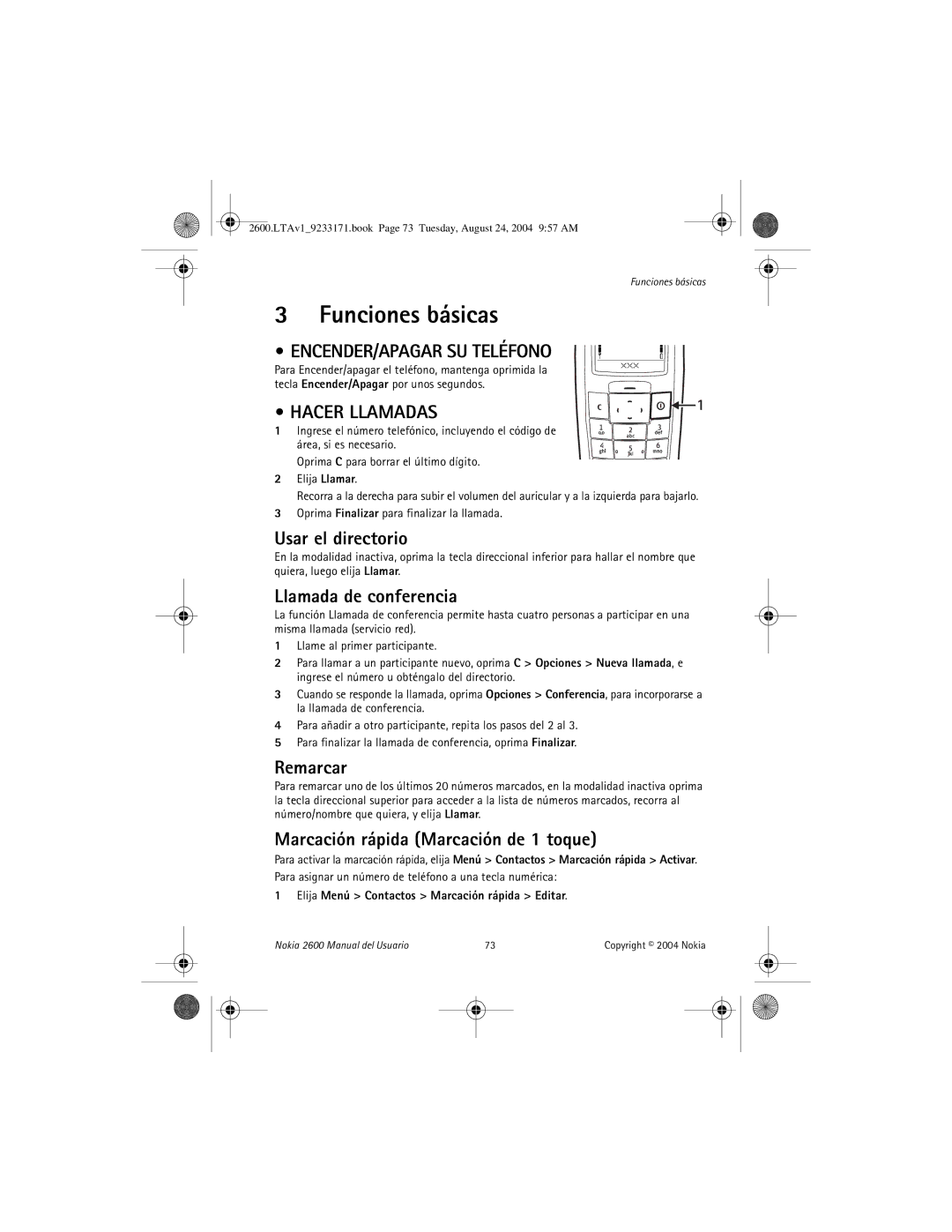 Nokia 2600 manual Funciones básicas, ENCENDER/APAGAR SU Teléfono, Hacer Llamadas 