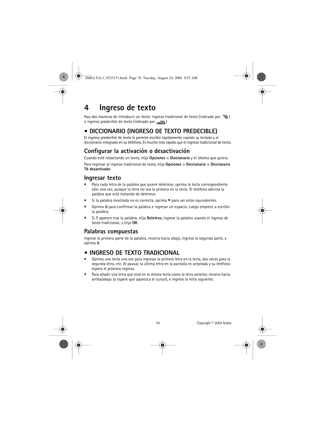 Nokia 2600 manual Ingreso de texto, Diccionario Ingreso DE Texto Predecible, Ingreso DE Texto Tradicional 