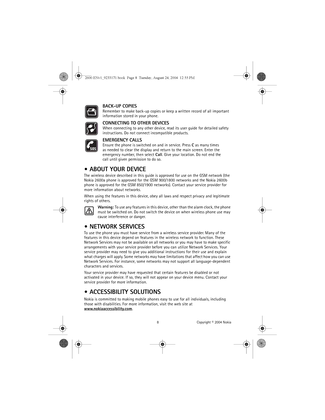 Nokia 2600 manual About Your Device, Network Services, Accessibility Solutions 