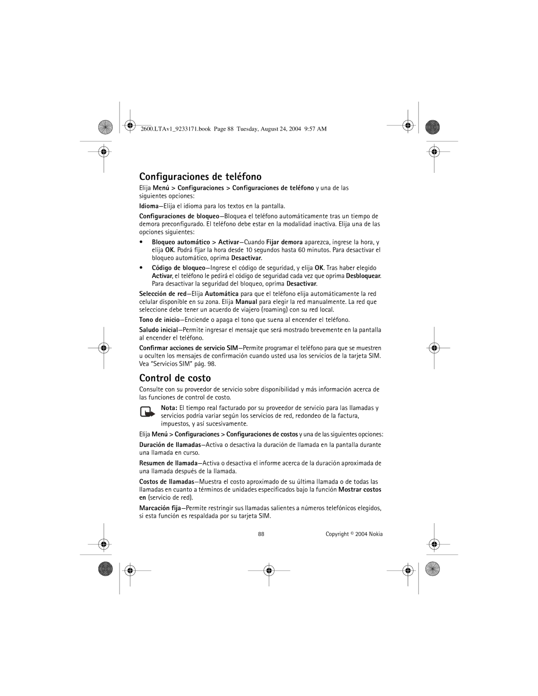 Nokia 2600 manual Configuraciones de teléfono, Control de costo 