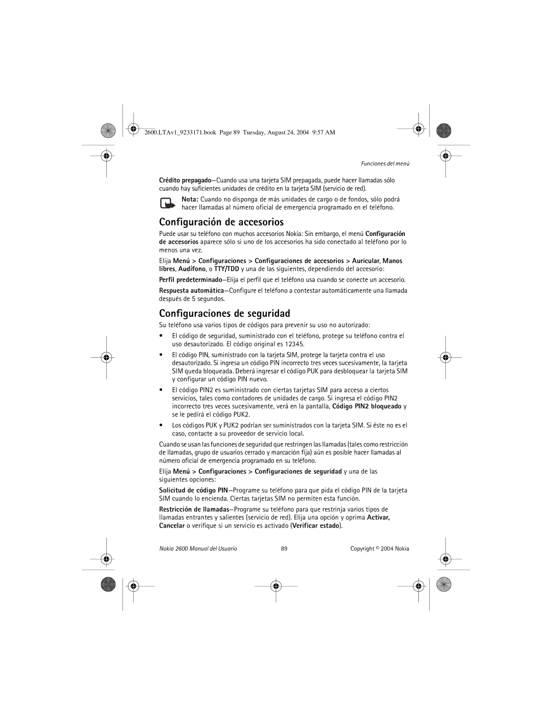 Nokia 2600 manual Configuración de accesorios, Configuraciones de seguridad 