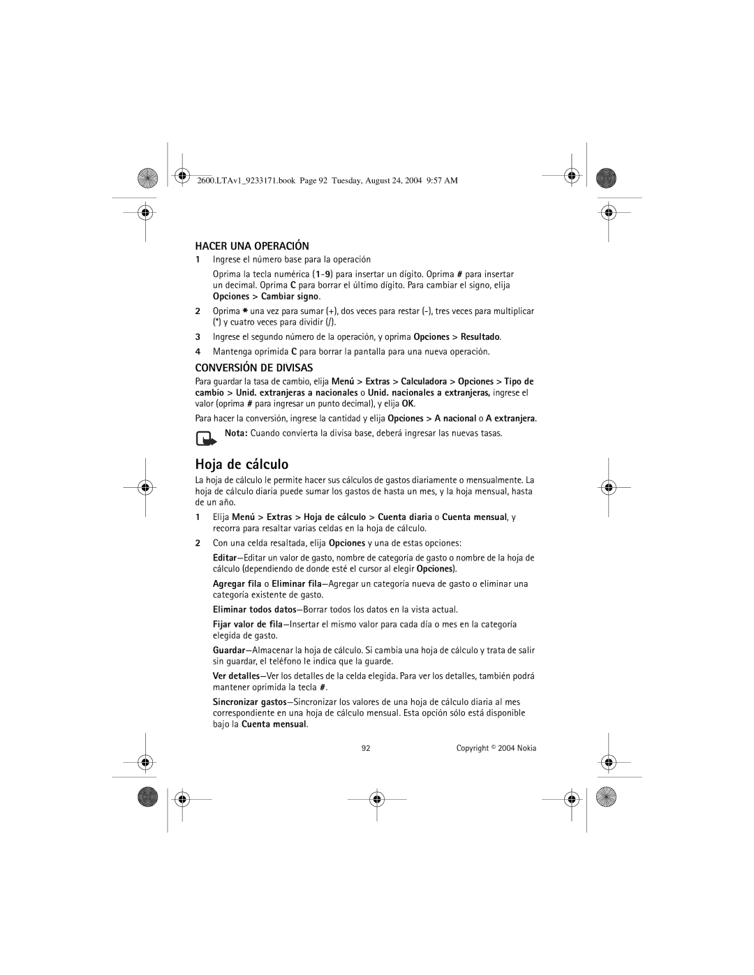 Nokia 2600 manual Hoja de cálculo, Hacer UNA Operación, Conversión DE Divisas 