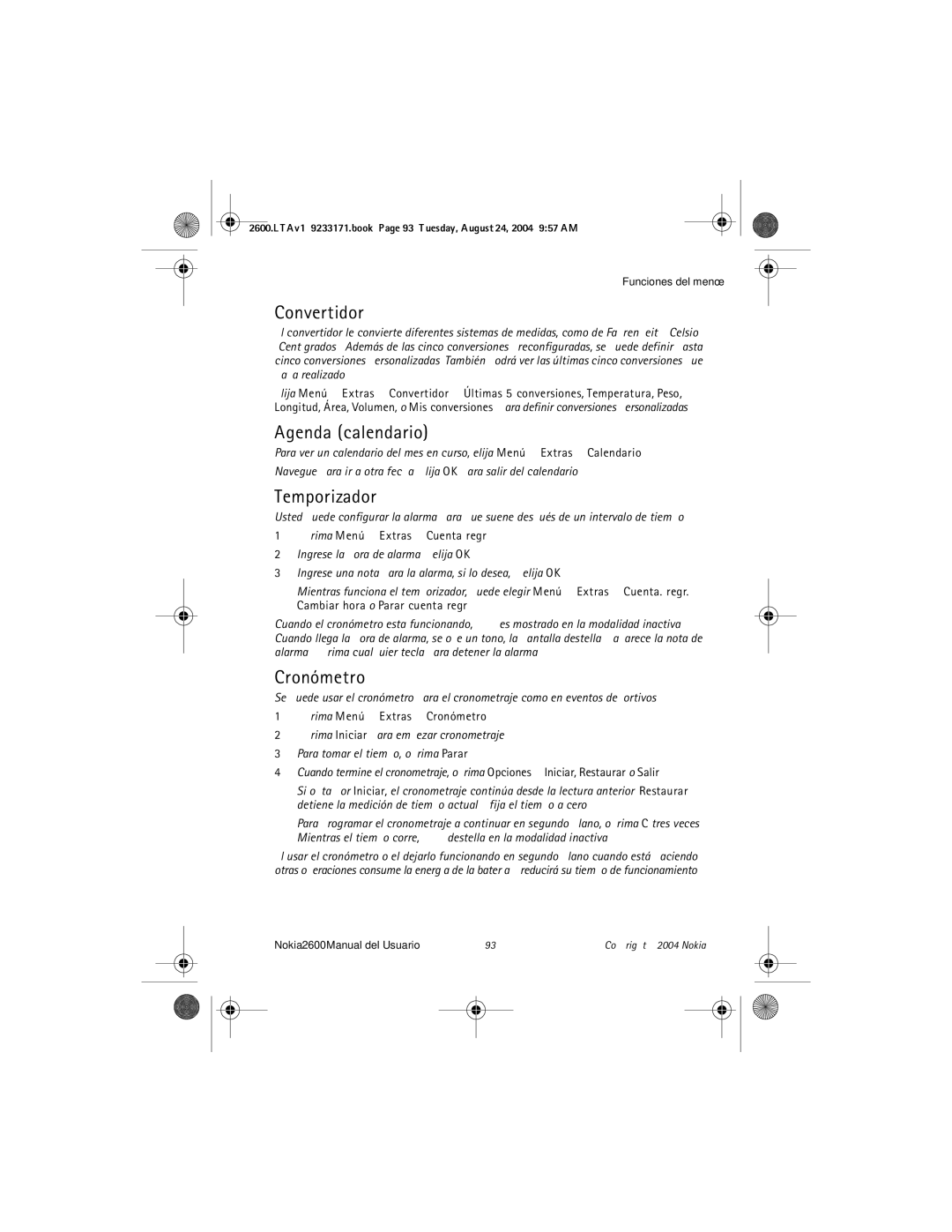 Nokia 2600 manual Convertidor, Agenda calendario, Temporizador, Cronómetro 