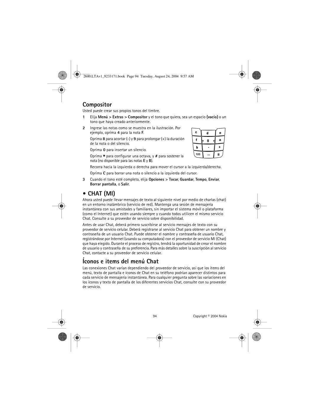 Nokia 2600 manual Compositor, Chat MI, Íconos e items del menú Chat 