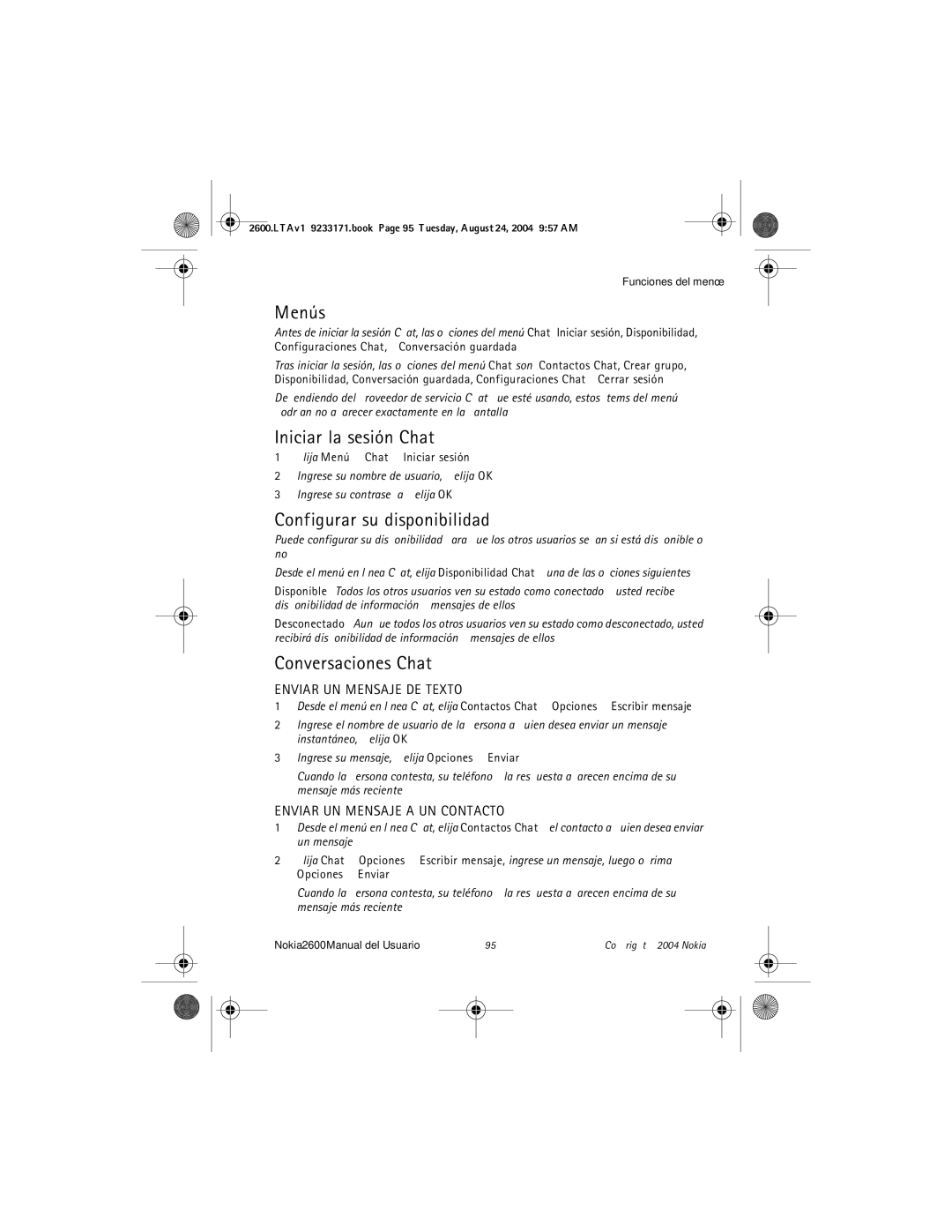 Nokia 2600 manual Menús, Iniciar la sesión Chat, Configurar su disponibilidad, Conversaciones Chat 