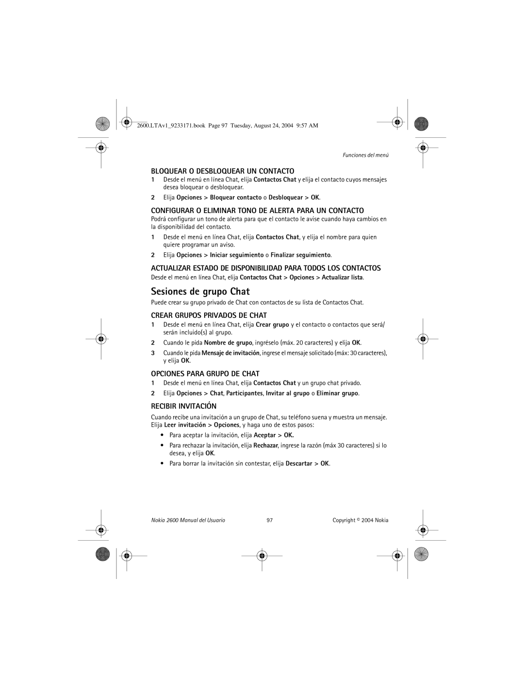 Nokia 2600 manual Sesiones de grupo Chat 