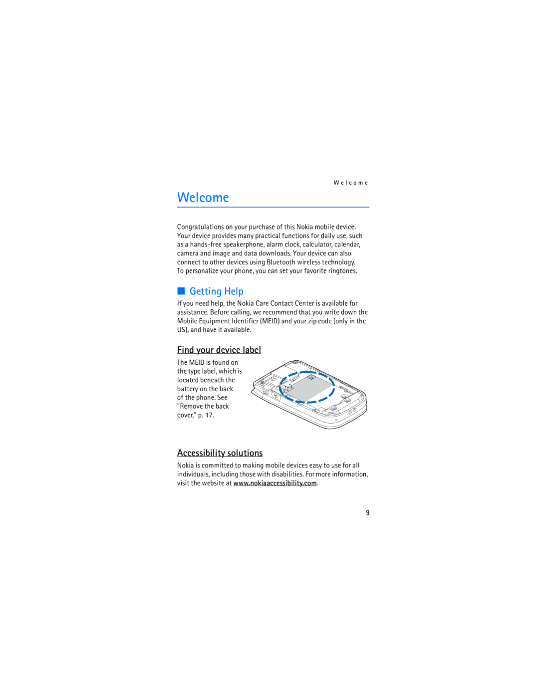 Nokia 2605 manual Welcome, Getting Help, Find your device label, Accessibility solutions 