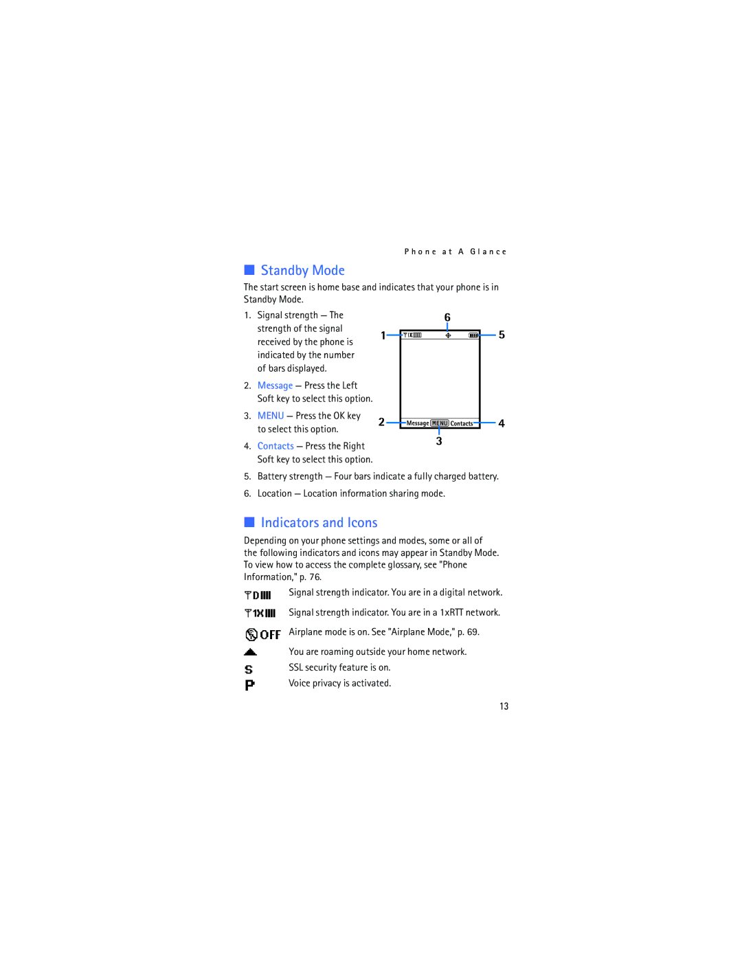 Nokia 2605 manual Standby Mode, Indicators and Icons, Menu Press the OK key To select this option 