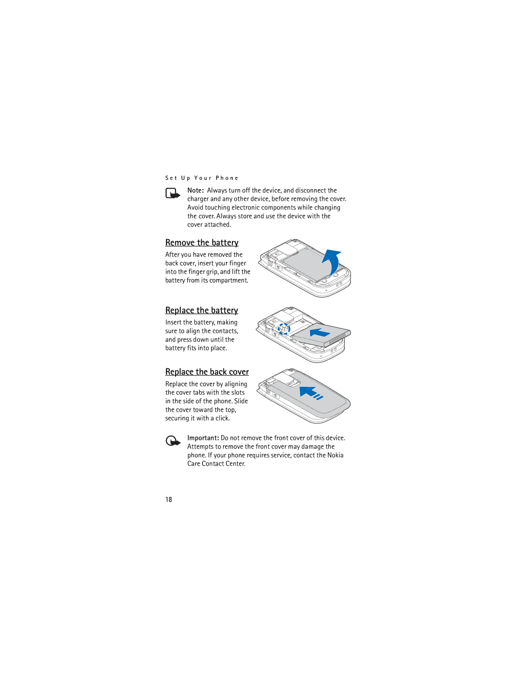 Nokia 2605 manual Remove the battery, Replace the battery, Replace the back cover 