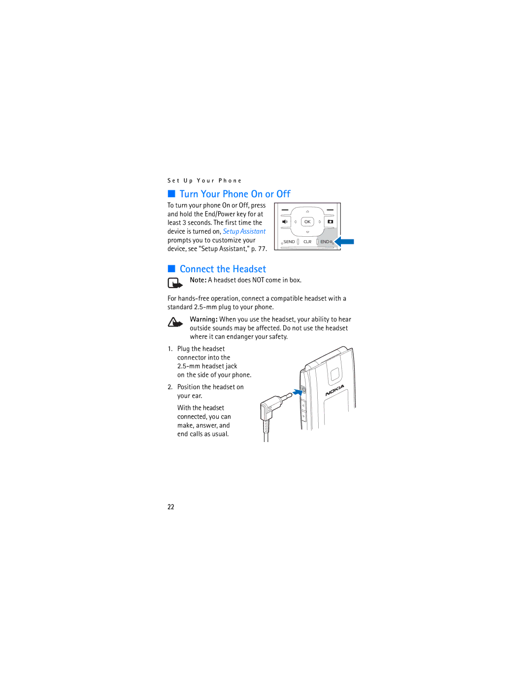 Nokia 2605 manual Turn Your Phone On or Off, Connect the Headset 