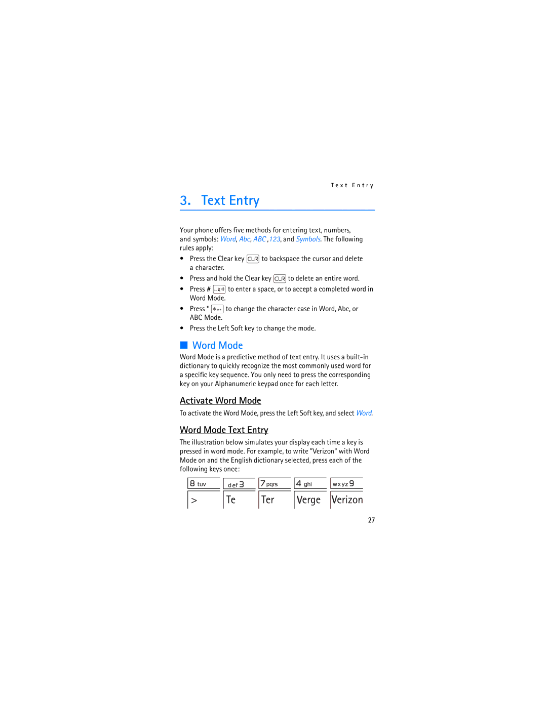 Nokia 2605 manual Activate Word Mode, Word Mode Text Entry 