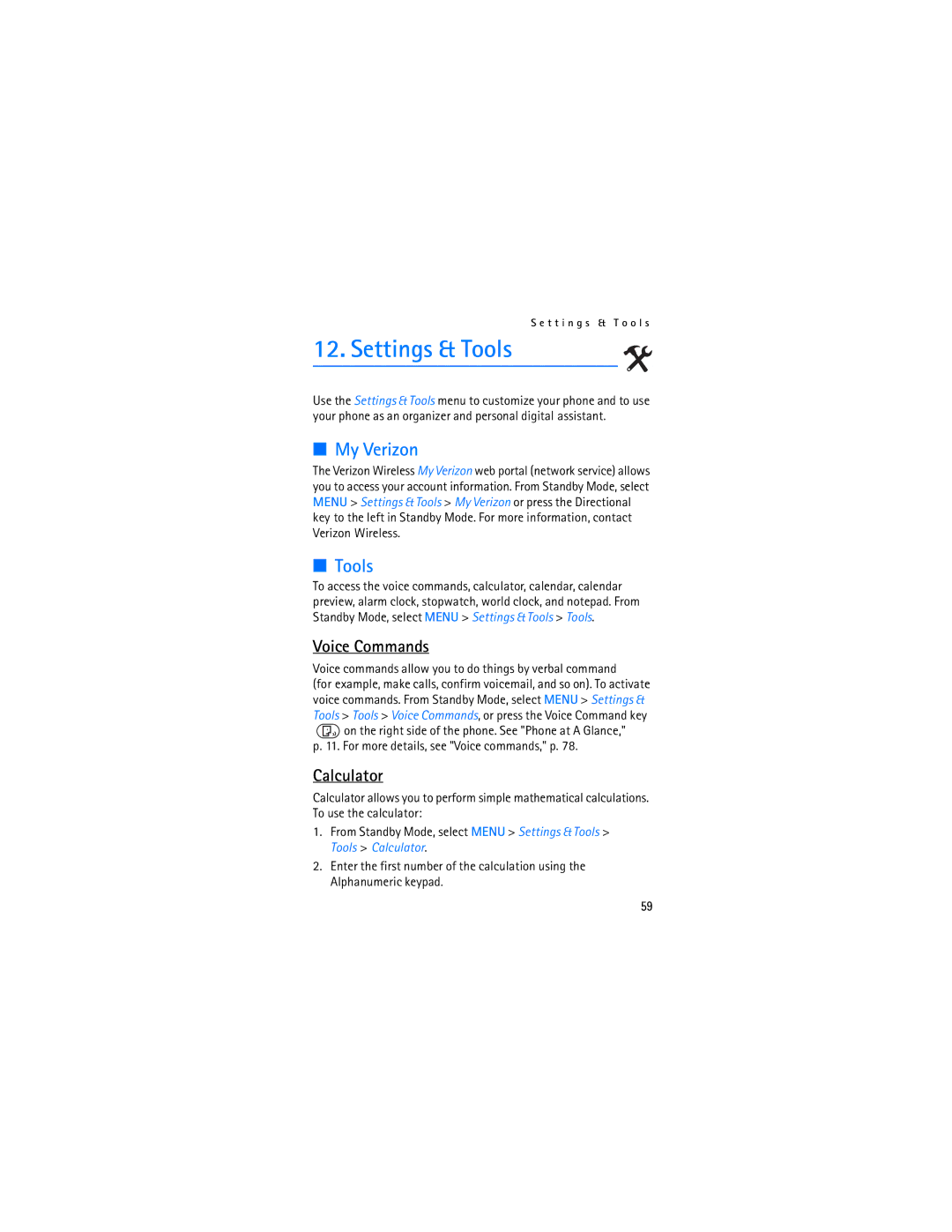 Nokia 2605 manual Settings & Tools, My Verizon, Voice Commands, Calculator 