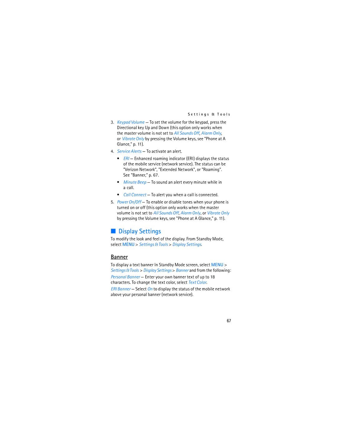 Nokia 2605 manual Display Settings, Banner 