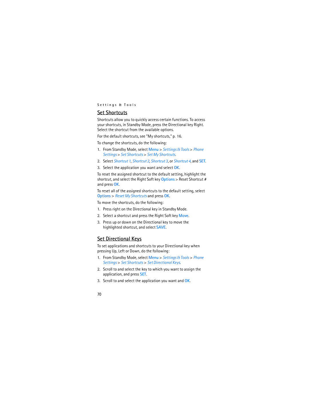 Nokia 2605 manual Set Shortcuts, Set Directional Keys 