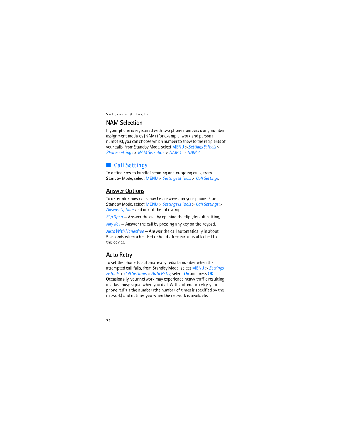 Nokia 2605 manual Call Settings, NAM Selection, Answer Options, Auto Retry 