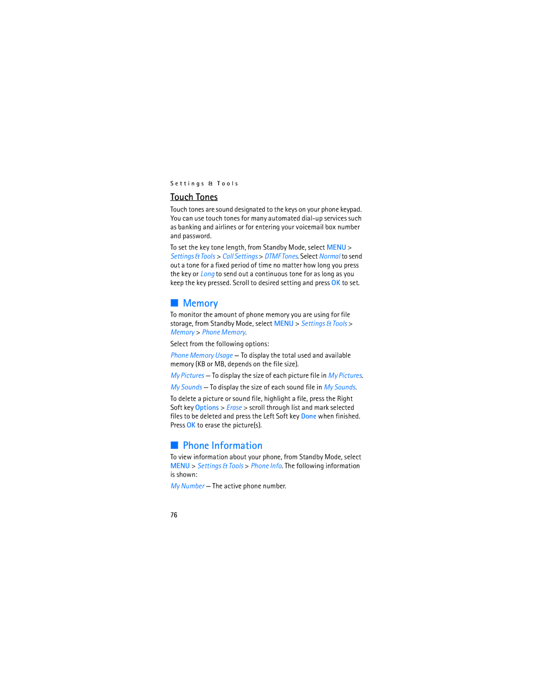 Nokia 2605 manual Memory, Phone Information, Touch Tones 