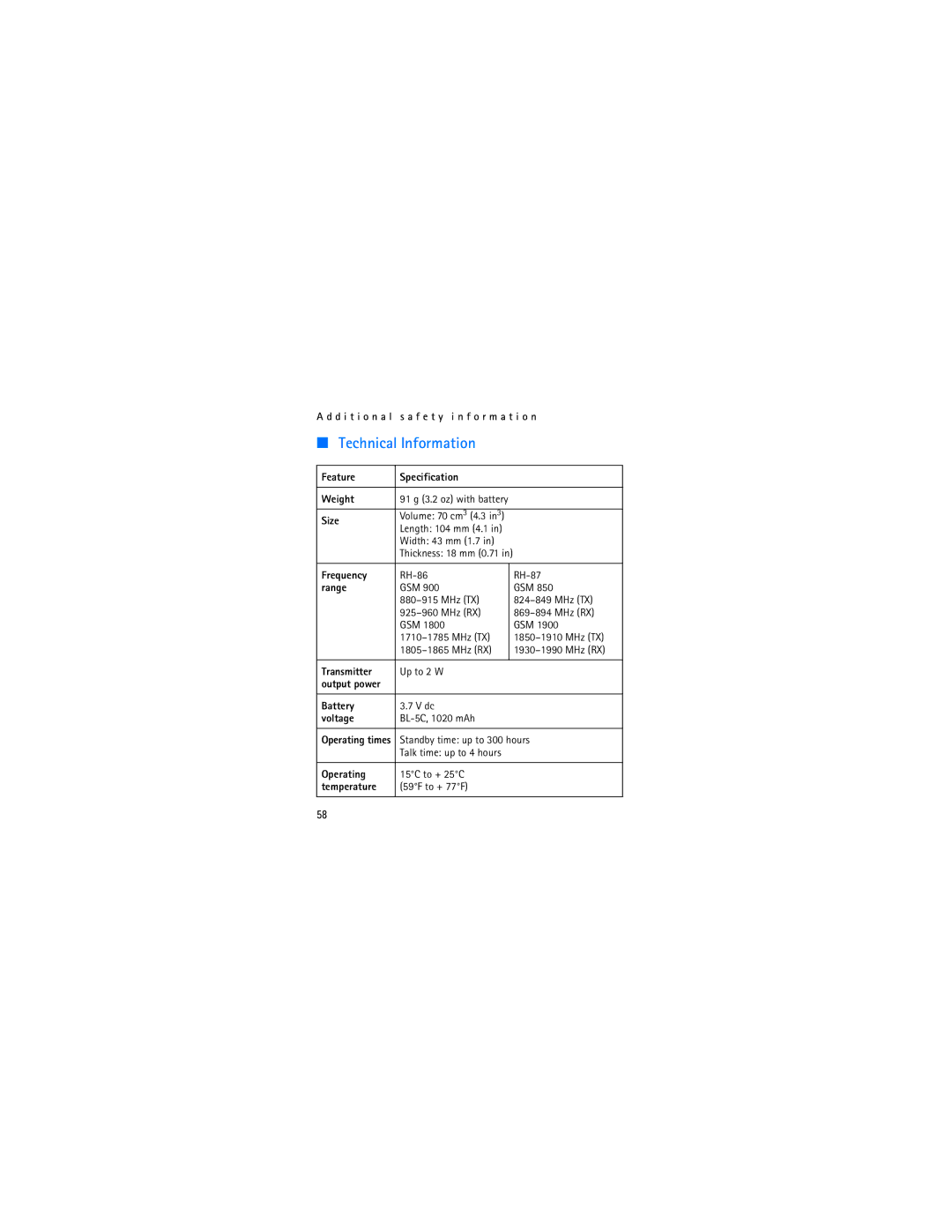 Nokia 2610 manual Technical Information 