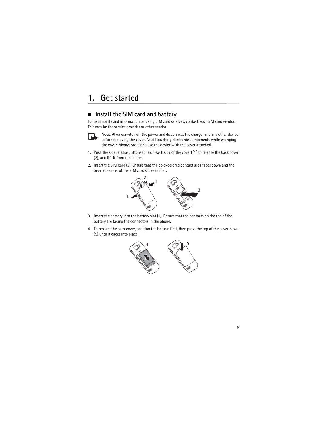 Nokia 2630 manual Get started, Install the SIM card and battery, Until it clicks into place 