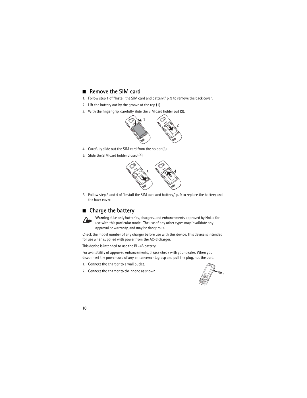 Nokia 2630 manual Remove the SIM card, Charge the battery 