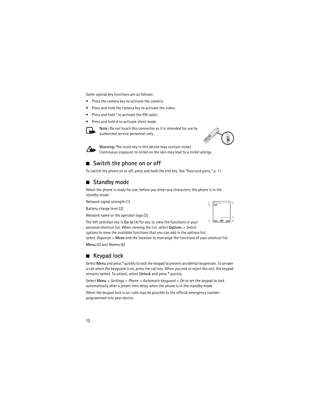 Nokia 2630 manual Switch the phone on or off, Standby mode, Keypad lock 