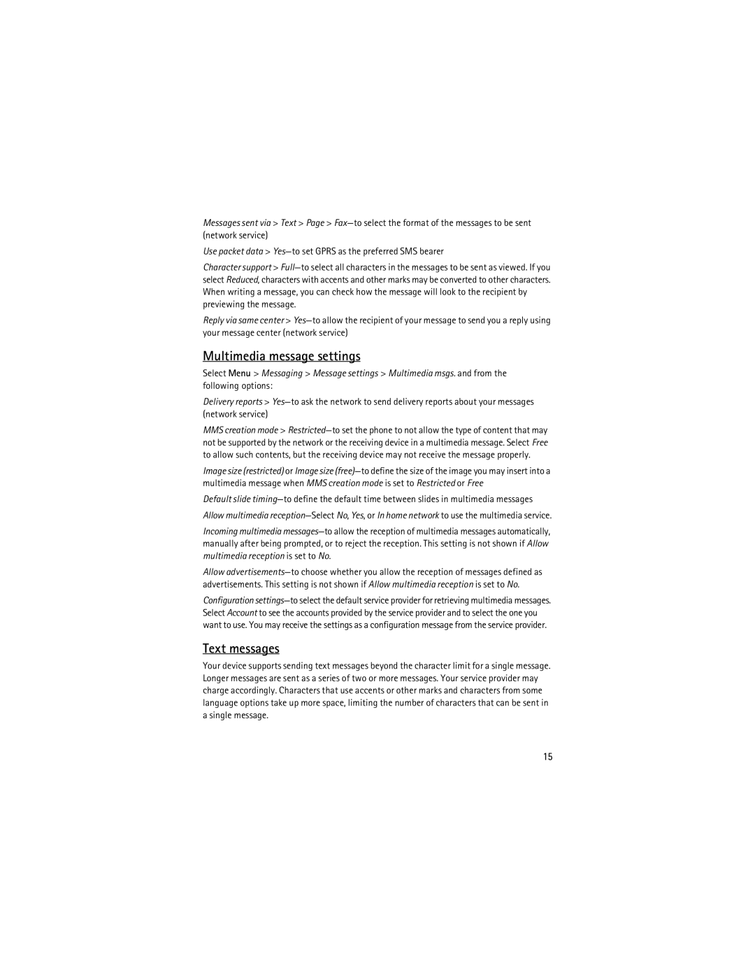 Nokia 2630 manual Multimedia message settings, Text messages 