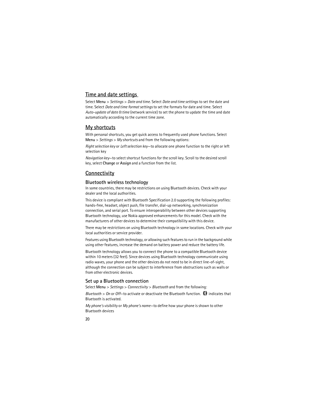 Nokia 2630 manual Time and date settings, My shortcuts, Connectivity, Bluetooth wireless technology 