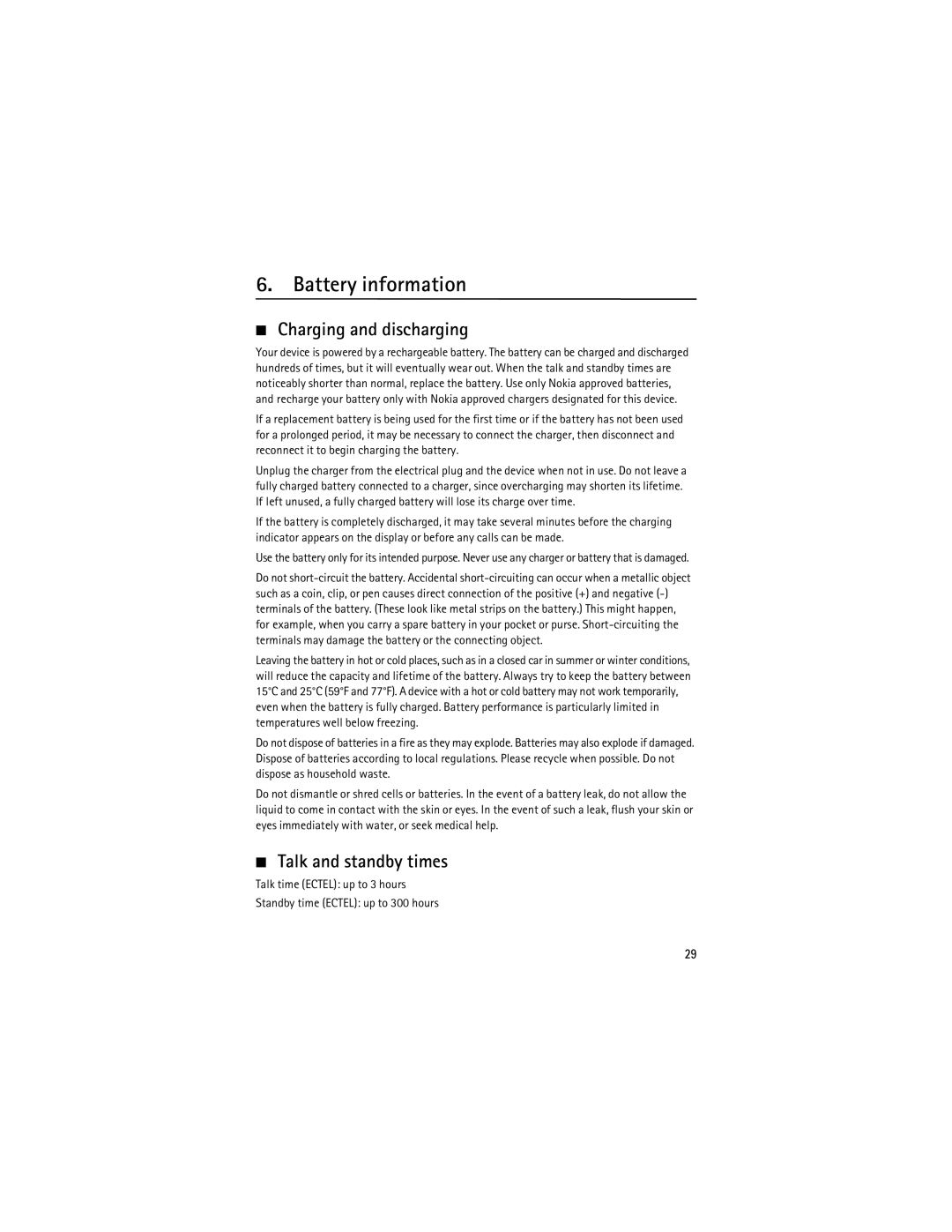 Nokia 2630 manual Charging and discharging, Talk and standby times 