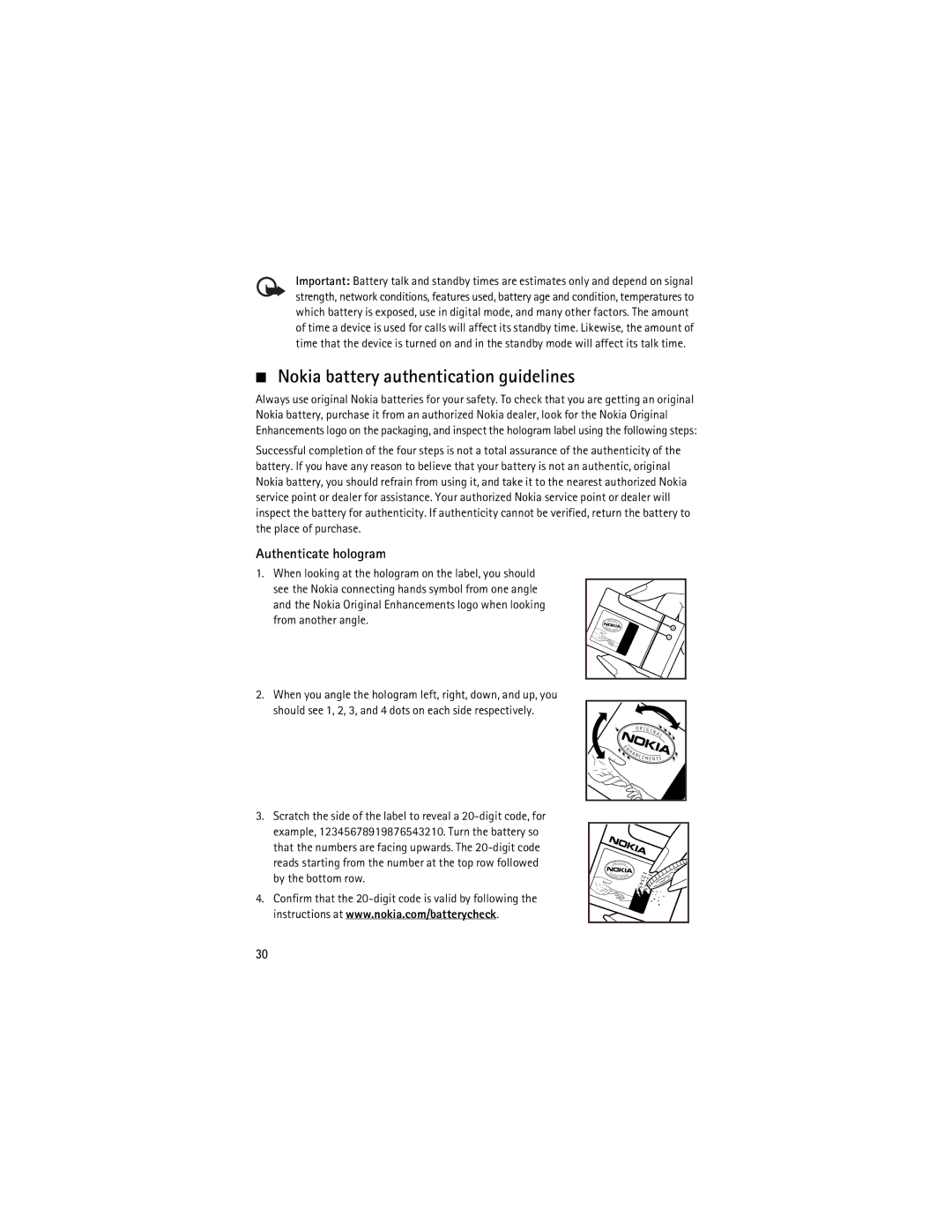 Nokia 2630 manual Nokia battery authentication guidelines, Authenticate hologram 