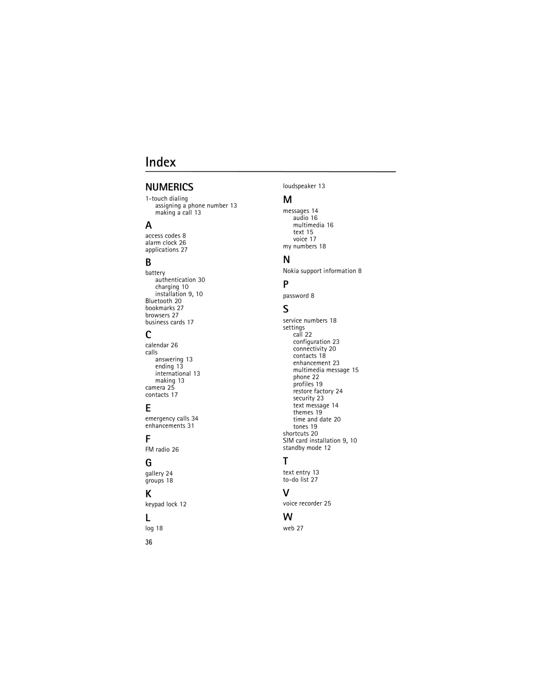 Nokia 2630 manual Index, Touch dialing Assigning a phone number 13 making a call, FM radio, Voice recorder Web 