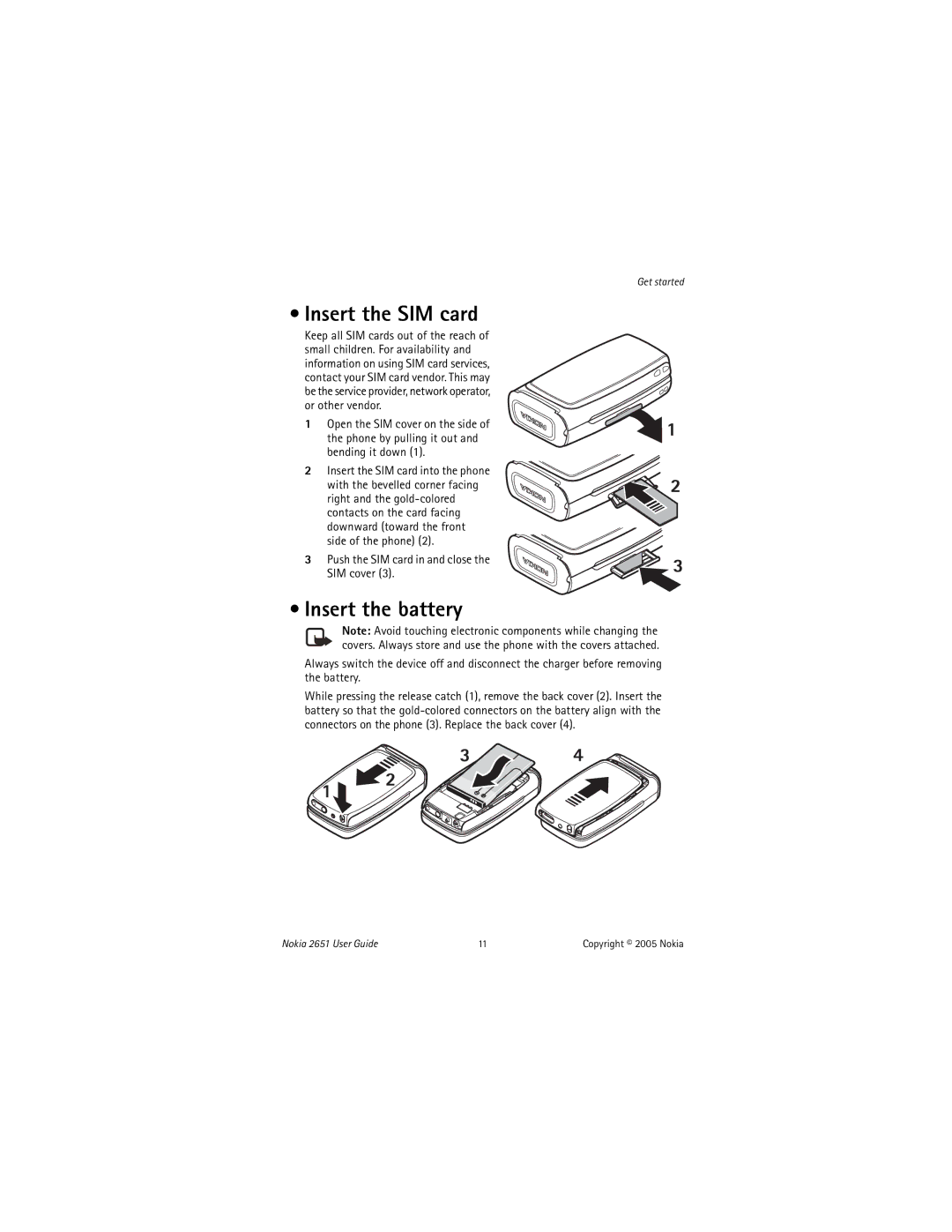 Nokia 2651 manual Insert the SIM card, Insert the battery, Push the SIM card in and close the SIM cover 