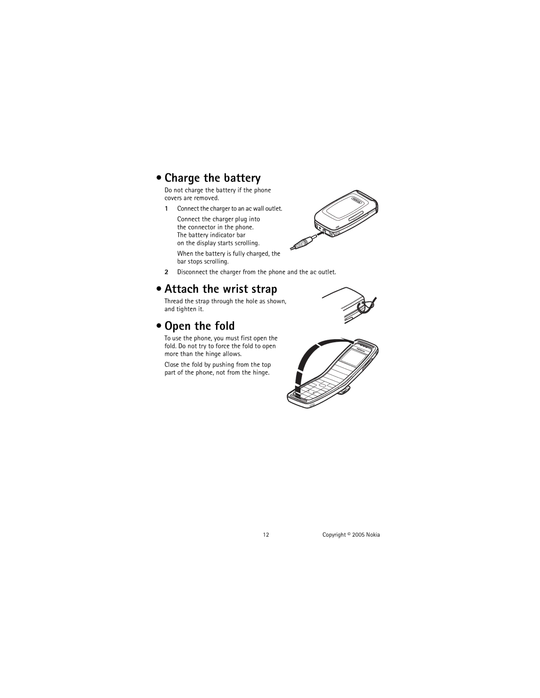 Nokia 2651 manual Charge the battery, Attach the wrist strap, Open the fold 