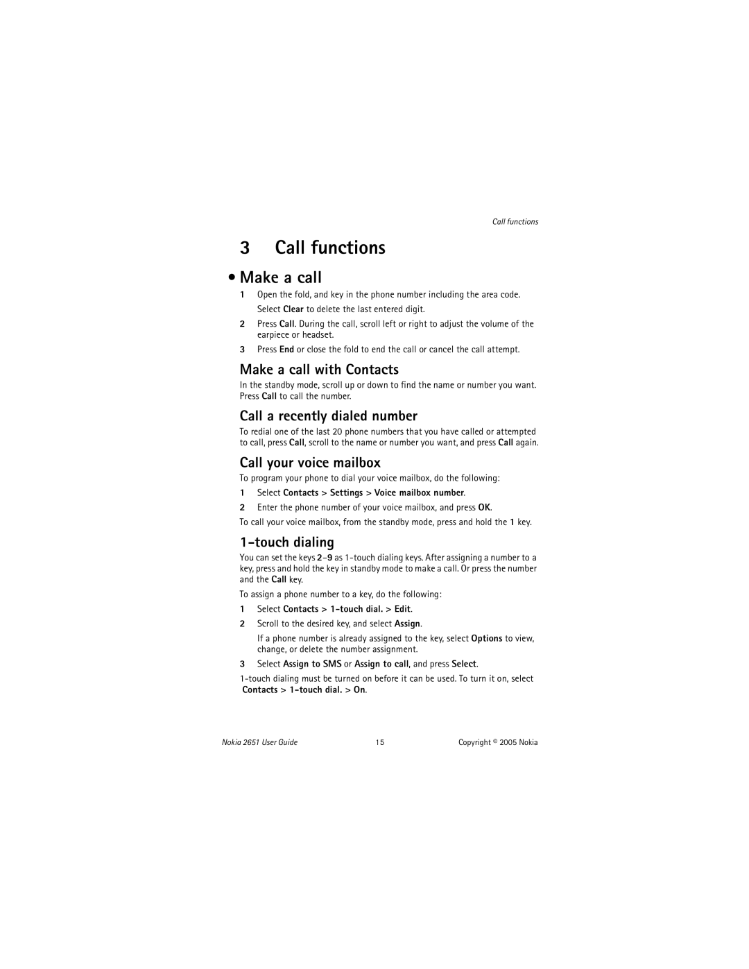 Nokia 2651 manual Call functions, Make a call 