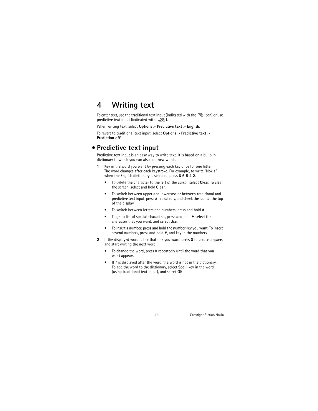 Nokia 2651 manual Writing text, Predictive text input, When writing text, select Options Predictive text English 