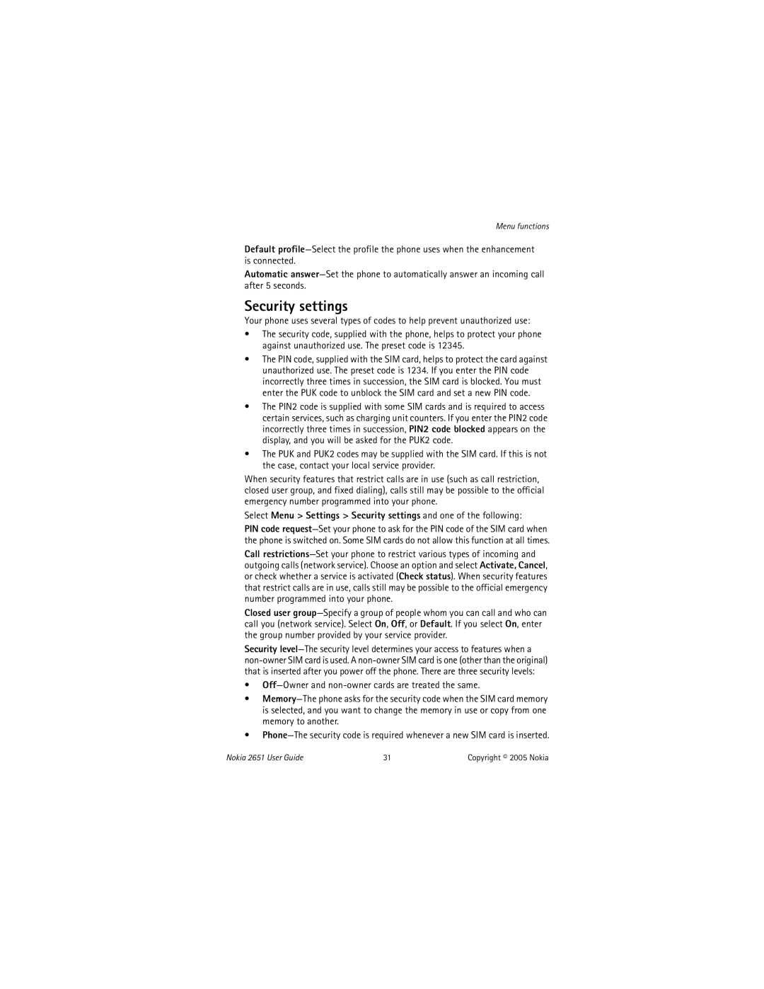 Nokia 2651 manual Security settings 