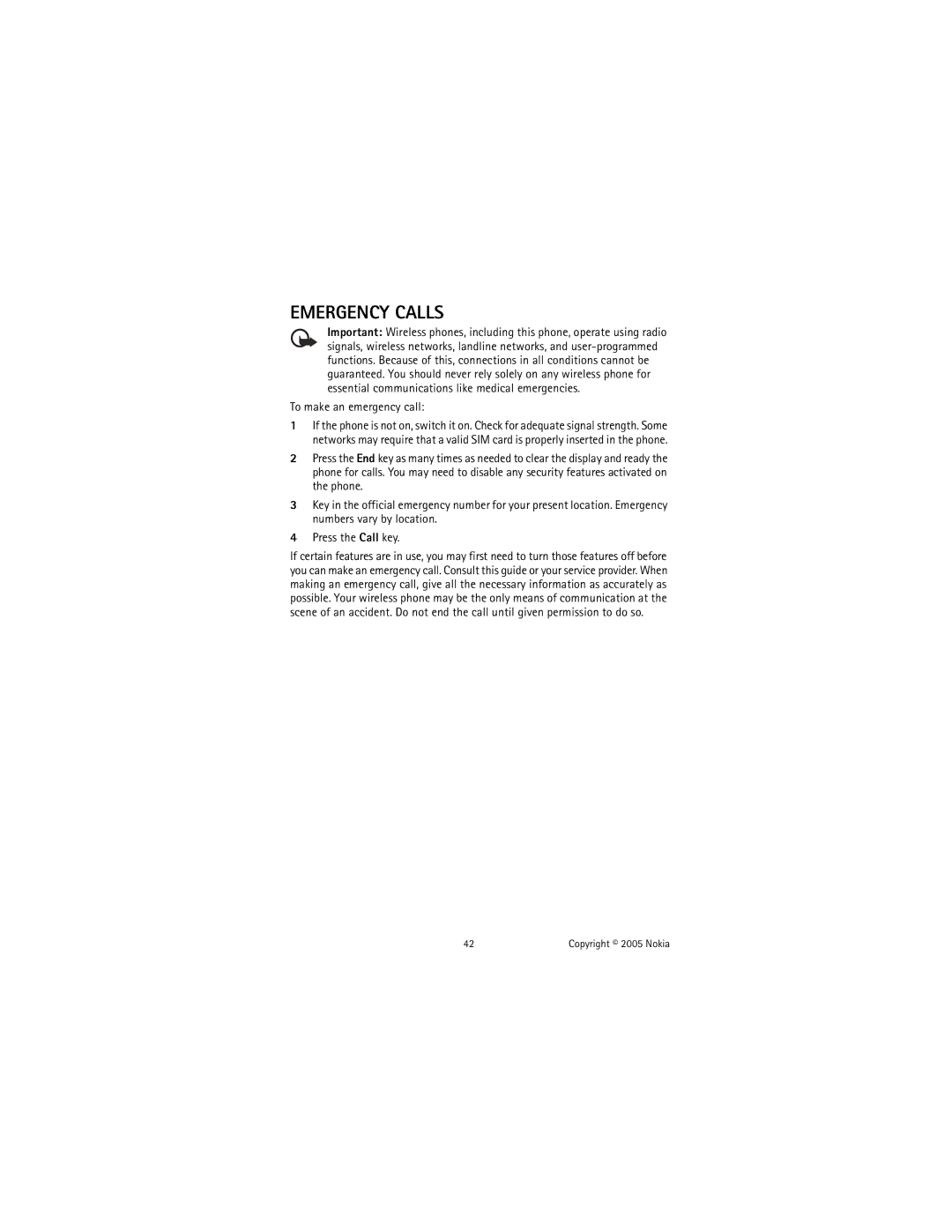 Nokia 2651 manual Emergency Calls, To make an emergency call 