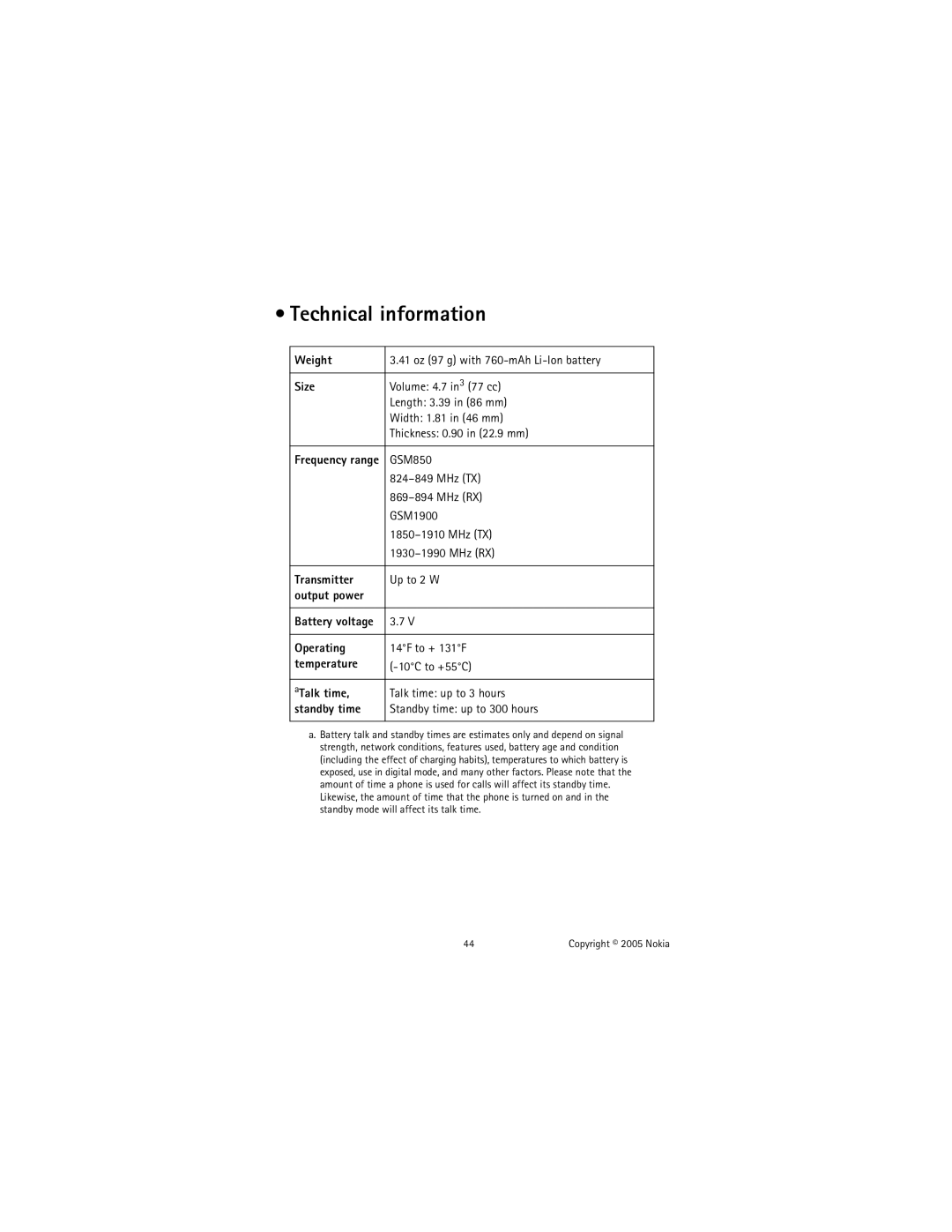 Nokia 2651 manual Technical information 