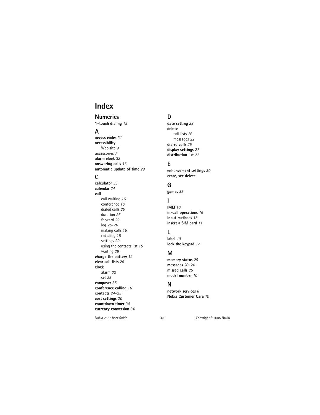 Nokia 2651 manual Index, Numerics 